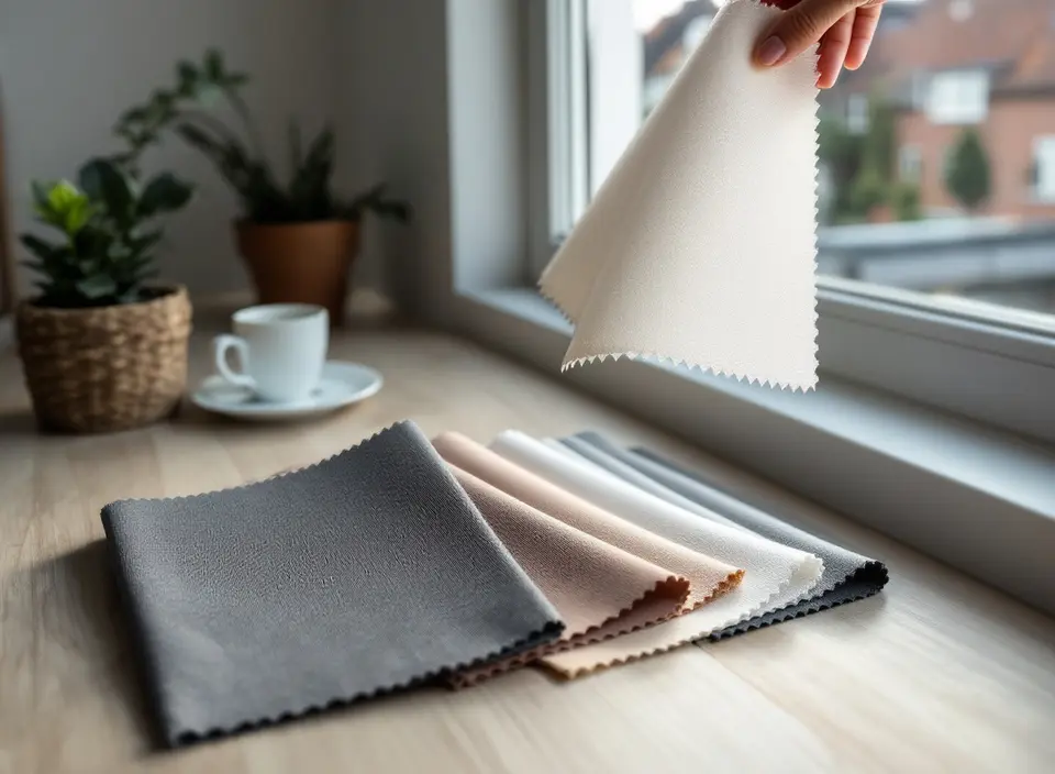 Stalen van screendoek in grijs, zand en wit op tafel bij het raam; één staal wordt tegen het licht gehouden