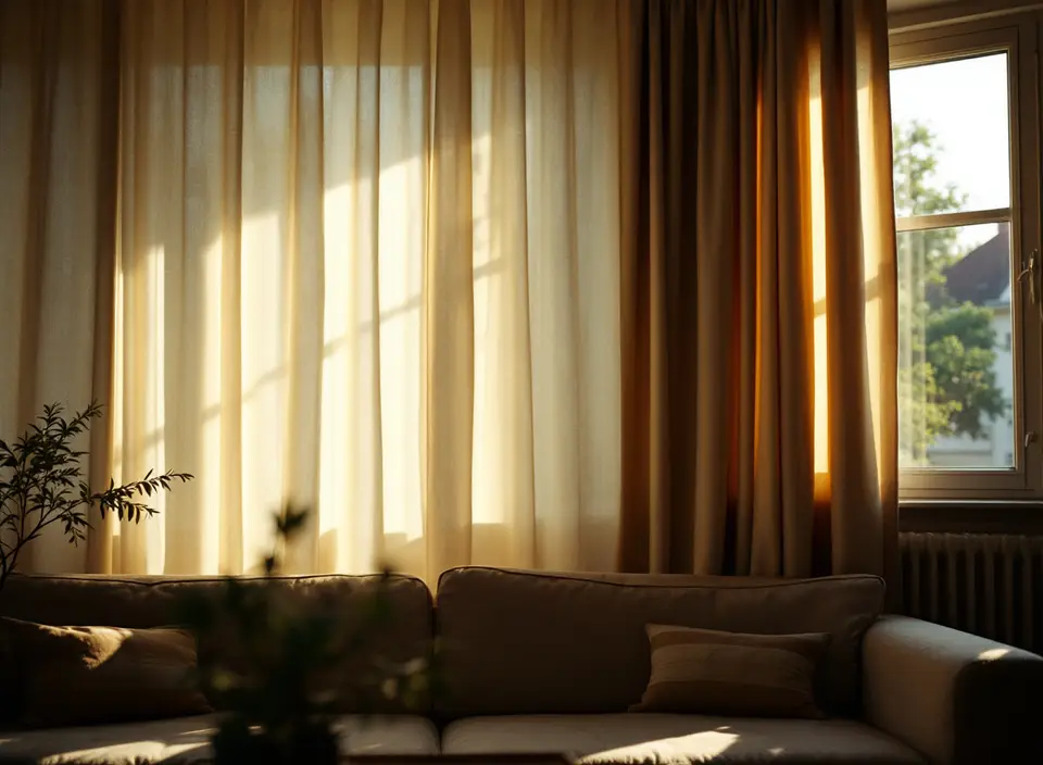 Woonkamer met dichte lichte gordijnen waar de zon fel op staat, het doek gloeit warm
